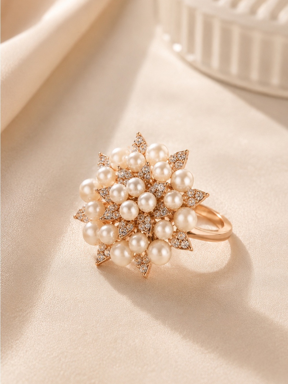 Pearl Cluster Floral Statement Ring in White and Gold - Picture 6 of 8